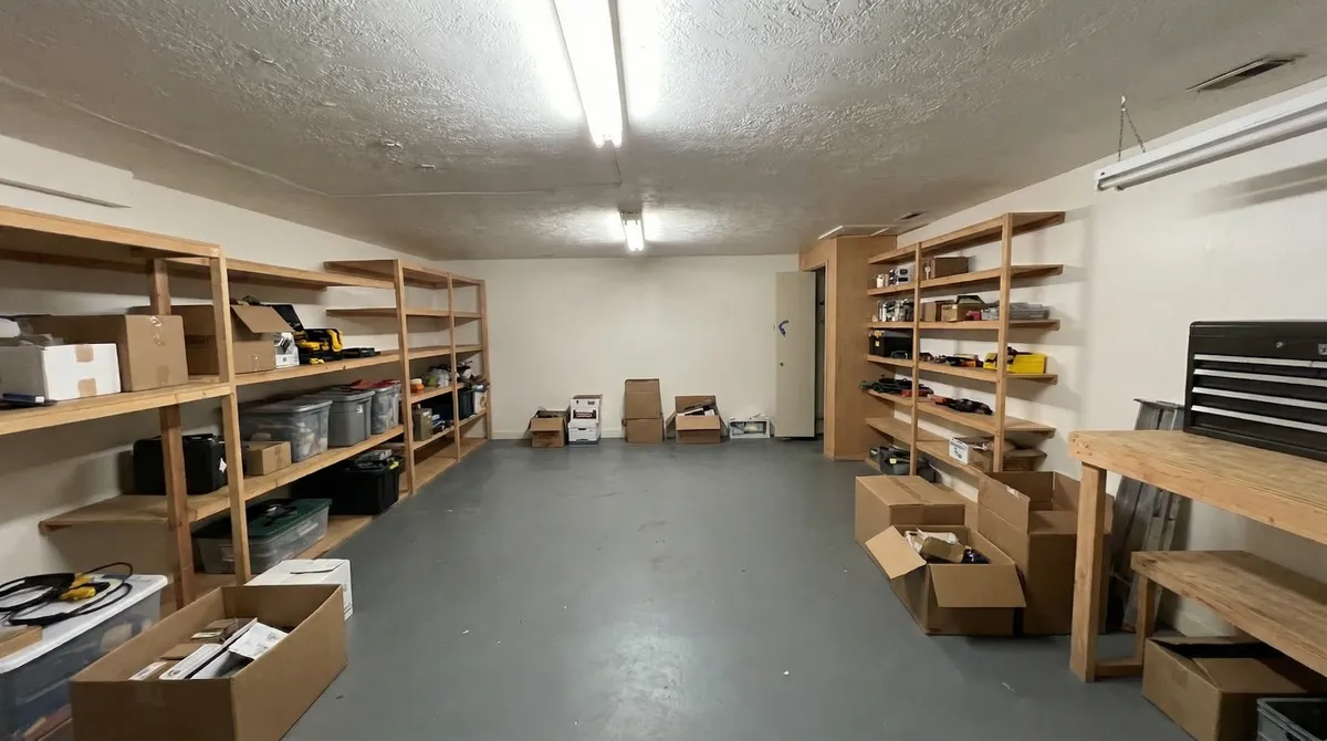Unfinished basement storage area before renovation