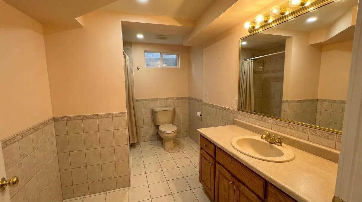 Dated basement bathroom with old tile before remodel