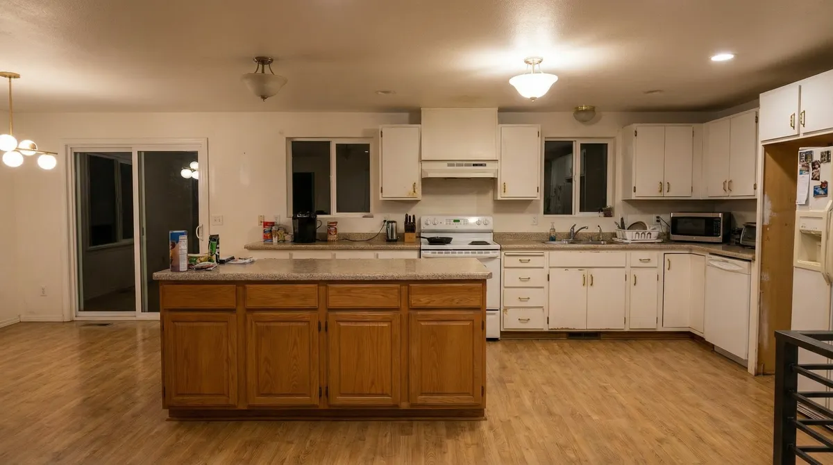 Dated kitchen with white cabinets and oak island before remodel