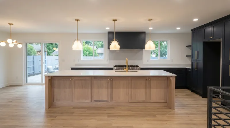Kitchen with custom black range hood and pendant lighting
